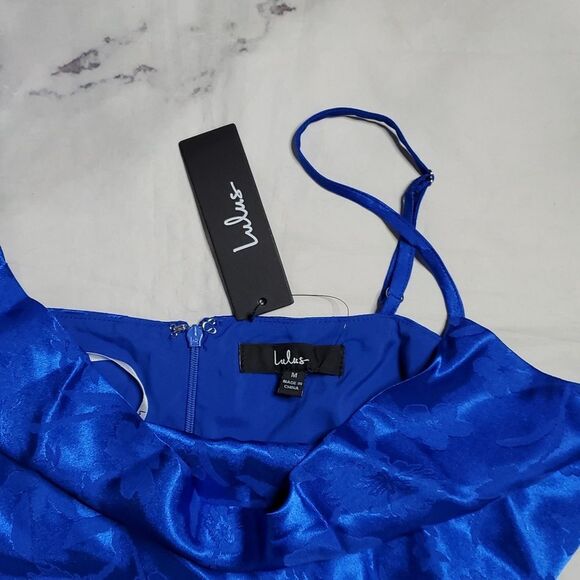 LuLus Blue Satin Cowl Neck Faux Wrap Mini Dress - Picture 3 of 7